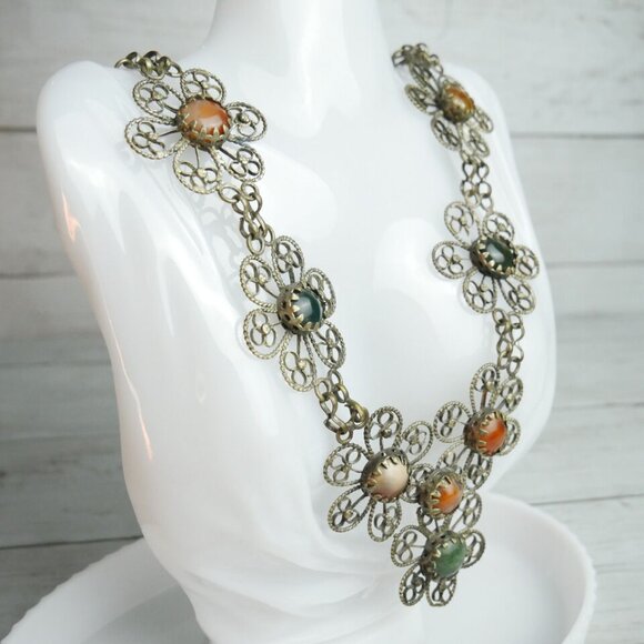 Vintage Hippie Flower Power Filigree Gemstones Bib Necklace Indian Style - Picture 8 of 10